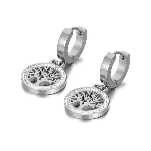Stainless Steel Silver Plated Cubic Zirconia Tree Earrings - Picture 1 of 5